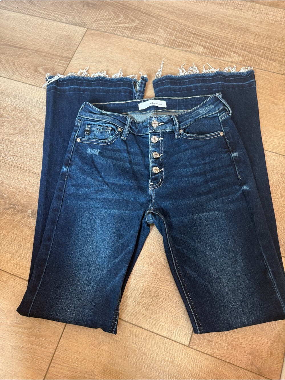 KanCan Dark Blue High-Rise Button-Fly Ankle Jeans with Frayed Hem